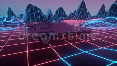 复古派80年代风格的科幻车背景.. 无缝循环三维视频动画